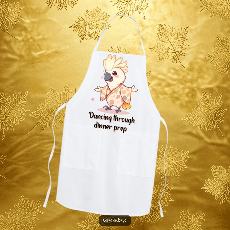 Funny Apron depicting a smiling cockatoo in a patterned kimono, humorously dancing while cooking, a chef's playful and funny companion.