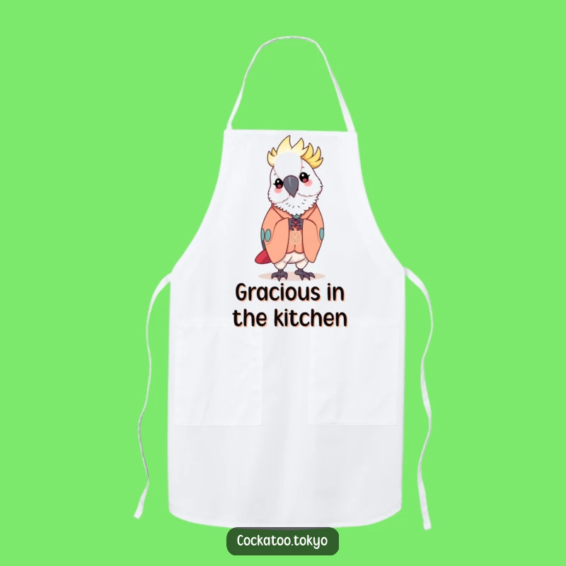 Funny Kawaii Cockatoo Apron: Elegant Kimono Bow, Polite Chef Bird, Perfect Funny Gift