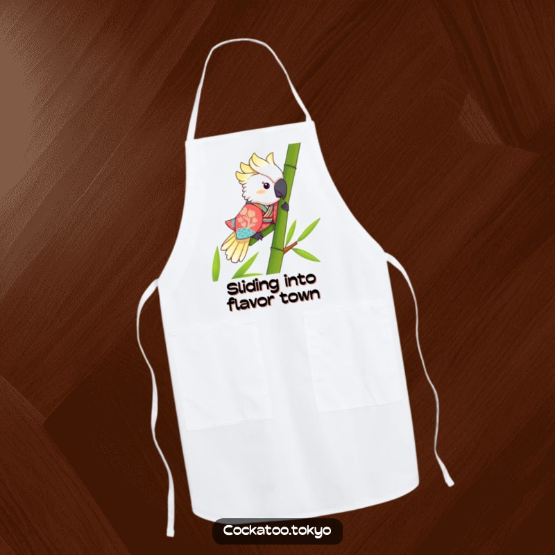 Funny Kawaii Cockatoo Apron: Bird in a colorful kimono slides down bamboo, bringing humor to the kitchen.