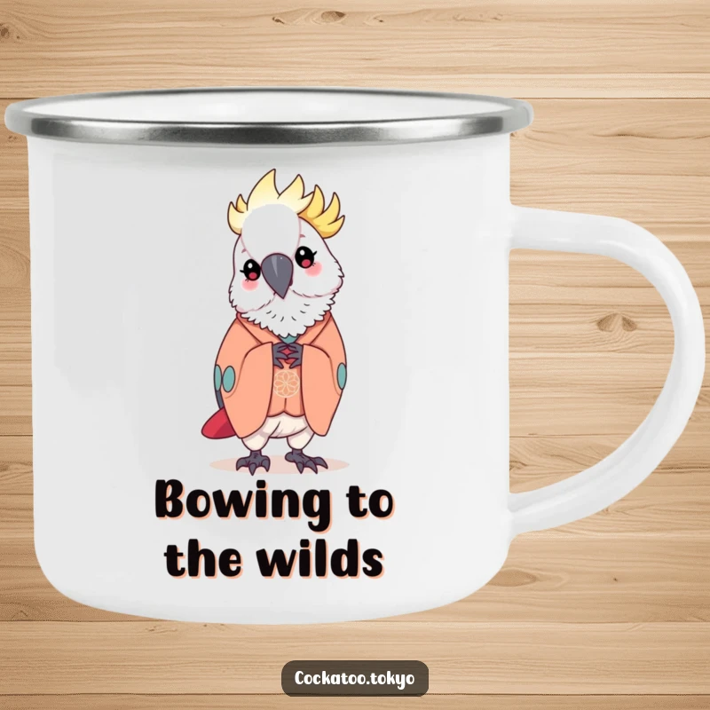 Funny Camping Mug with a kawaii cockatoo in an elegant kimono, gracefully bowing, offering a polite and humorous drinking experience outdoors.