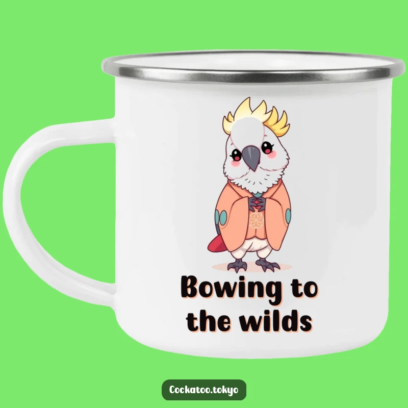 Funny Kawaii Cockatoo Camping Mug: Elegant Kimono Bow, Durable & Polite Bird Mug, Perfect Funny Gift