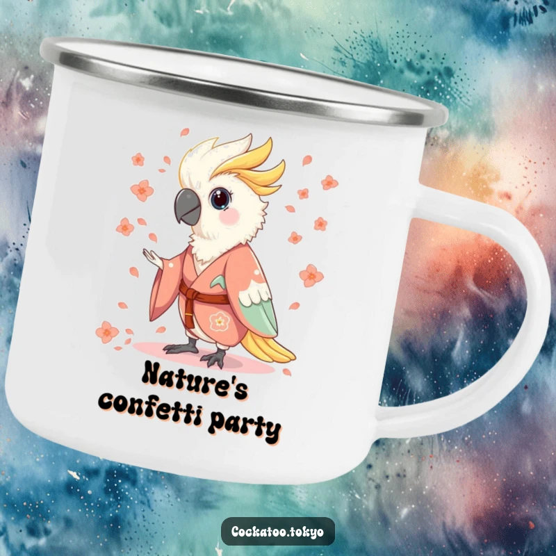 Funny Camping Mug with a charming cockatoo in a flowing kimono, humorously throwing flower petals, offering a whimsical and humorous drinking experience outdoors.