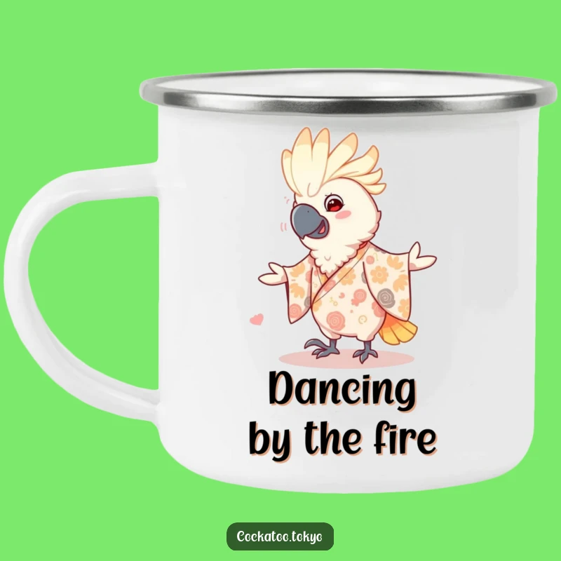 Funny Dancing Cockatoo Camping Mug: Patterned Kimono Fun, Durable & Playful Bird Mug, Perfect Funny Gift