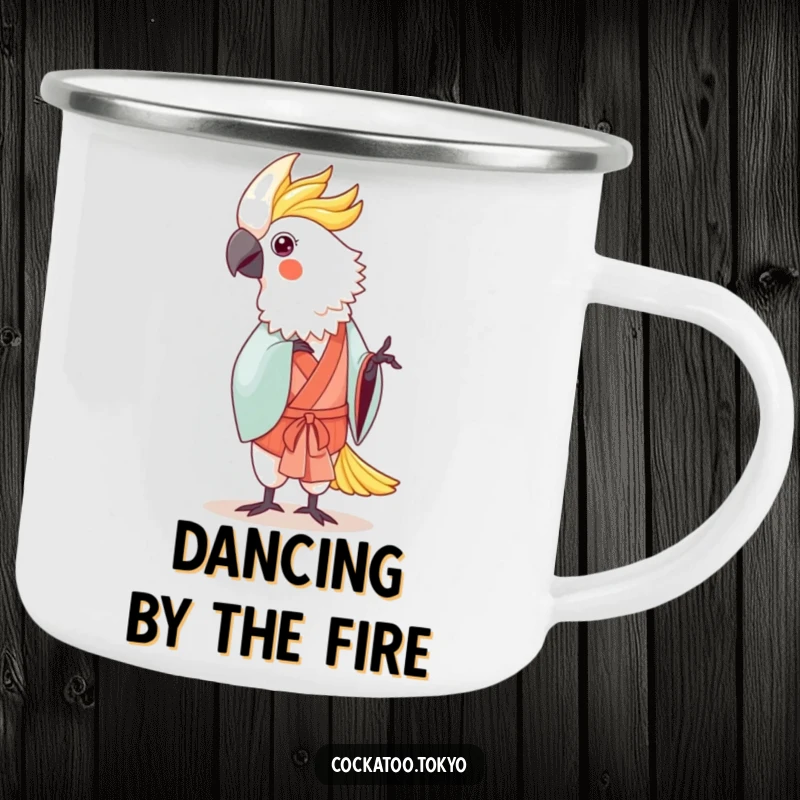 Funny Kawaii Cockatoo Camping Mug: Bird in traditional kimono dances gently, for elegant outdoor enjoyment.