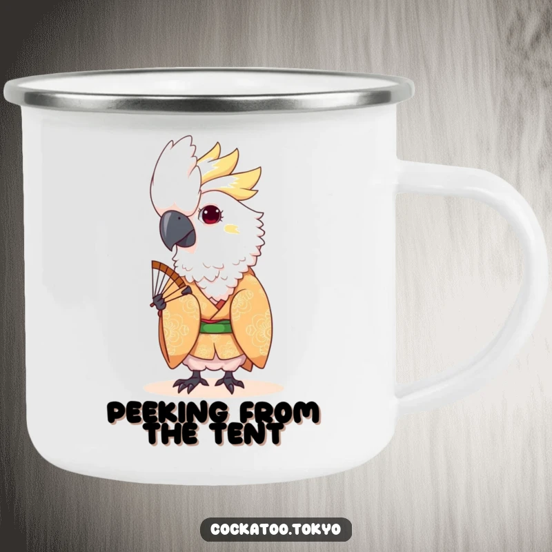 Funny Kawaii Cockatoo Camping Mug: Bird in patterned kimono peeks from a fan, for playful outdoor enjoyment.