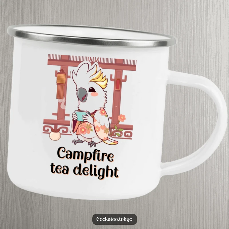 Funny Kawaii Cockatoo Camping Mug: Bird in floral kimono sips tea, for joyful outdoor moments.