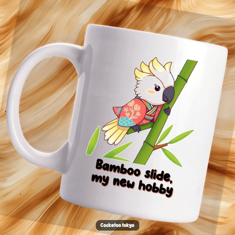 Funny Kawaii Cockatoo Mug: A cheerful bird in a colorful kimono slides down a bamboo stalk, bringing smiles and laughter.