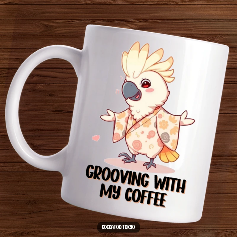 Funny Mug featuring a smiling cockatoo in a patterned kimono, joyfully doing a little dance with energetic and humorous flair.
