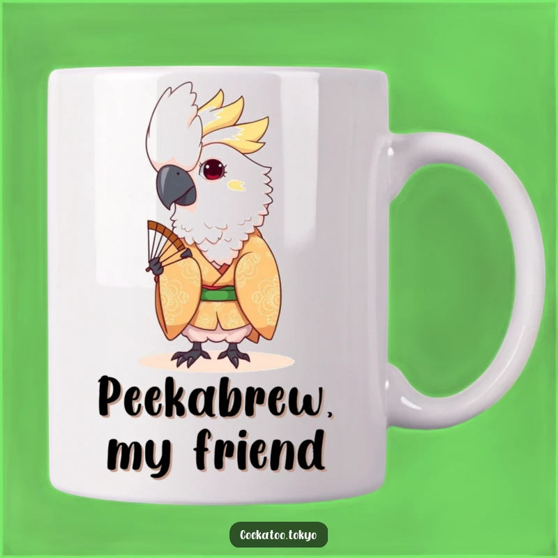 Funny Kawaii Cockatoo Fan Peek Mug: Playful Patterned Kimono Humor