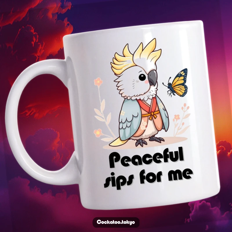 Funny Mug featuring an adorable cockatoo in a serene kimono, calmly observing a delicate butterfly, a peaceful and humorous scene.
