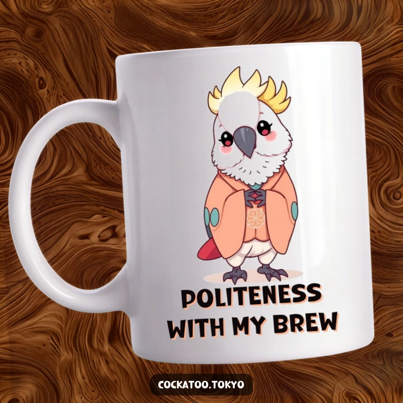 Funny Mug featuring a kawaii cockatoo in an elegant kimono, gracefully bowing with a polite and charming expression, a humorous gesture.