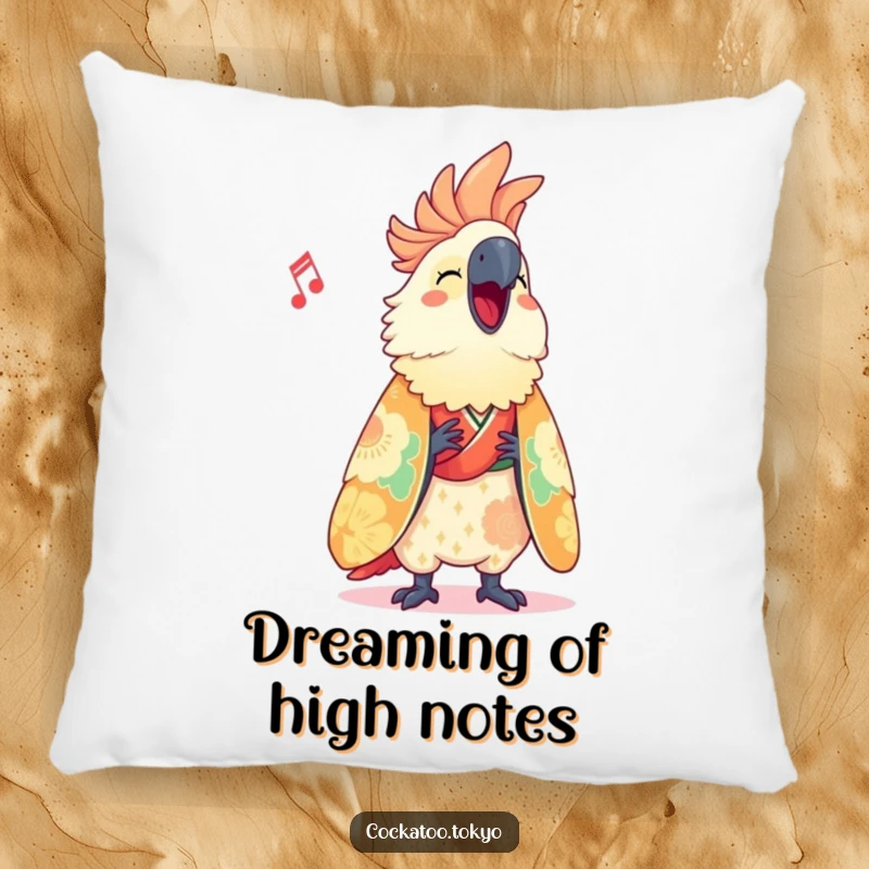 Funny Pillow featuring a cute cockatoo in a vibrant kimono, joyfully singing, offering a plush and humorous decorative accent.
