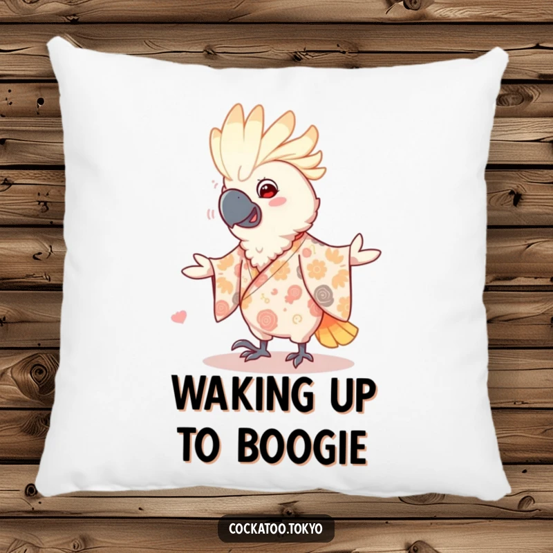 Funny Pillow featuring a smiling cockatoo in a patterned kimono, engaged in a fun dance, offering plush comfort and humorous charm.