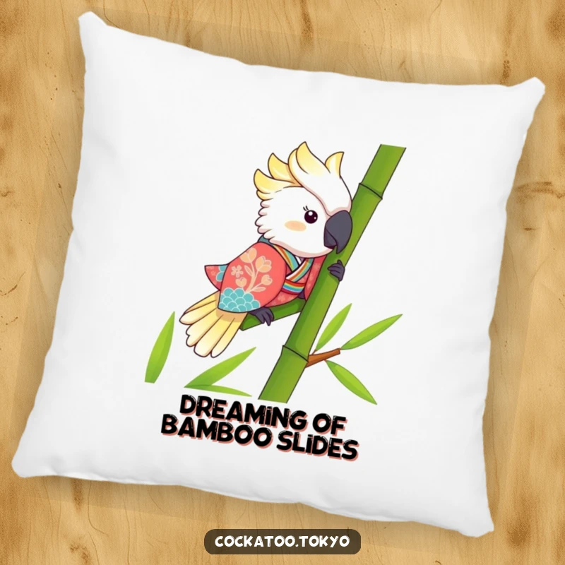 Funny Kawaii Cockatoo Pillow: A vibrant bird in a kimono slides down bamboo, offering comfort and a humorous visual.