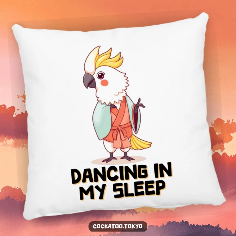 Funny Kawaii Cockatoo Pillow: Bird in traditional kimono dances gently, offering cozy comfort and traditional humor.