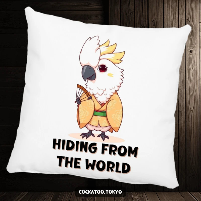 Funny Kawaii Cockatoo Pillow: Bird in patterned kimono peeks from a fan, offering cozy comfort and playful humor.