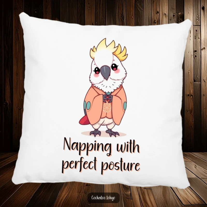 Funny Pillow featuring a kawaii cockatoo in an elegant kimono, bowing gracefully, offering a plush, humorous, and aesthetically pleasing accent.