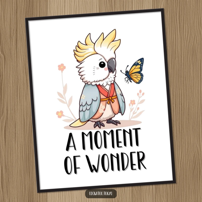 Funny Digital Art Print of an adorable cockatoo in a serene kimono, calmly observing a butterfly, creating a humorous and peaceful wall display.