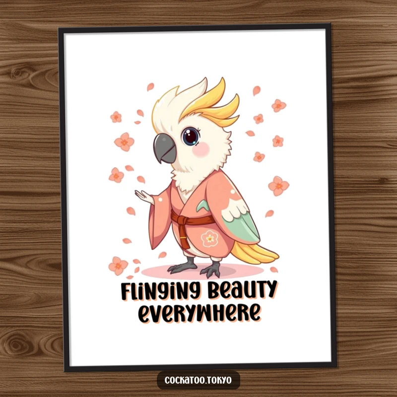 Funny Digital Art Print of a charming cockatoo in a flowing kimono, humorously scattering flower petals, creating a whimsical and enchanting wall display.