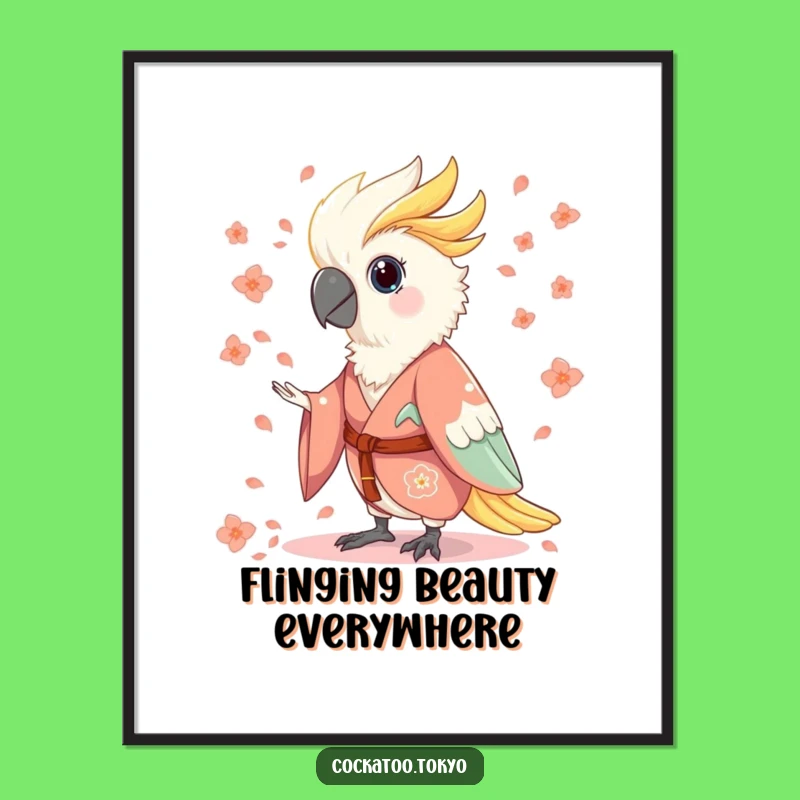 Funny Charming Cockatoo Digital Art: Flowing Kimono Petals, Whimsical Bird Wall Decor, Perfect Funny Gift