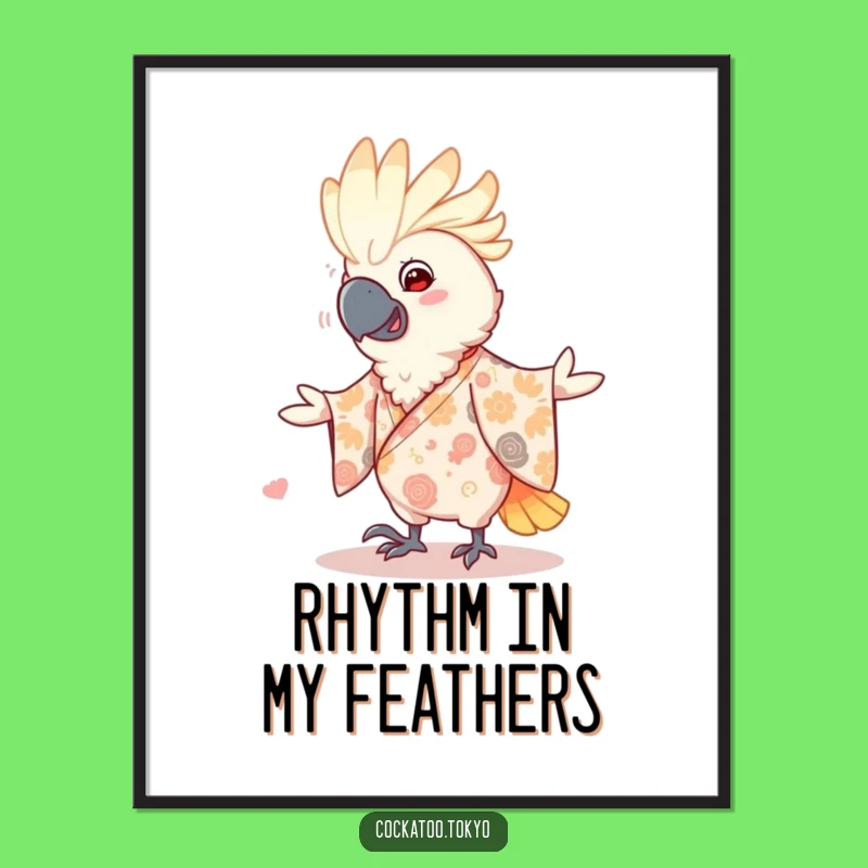 Funny Dancing Cockatoo Digital Art: Patterned Kimono Moves, Joyful Bird Wall Decor, Perfect Funny Gift