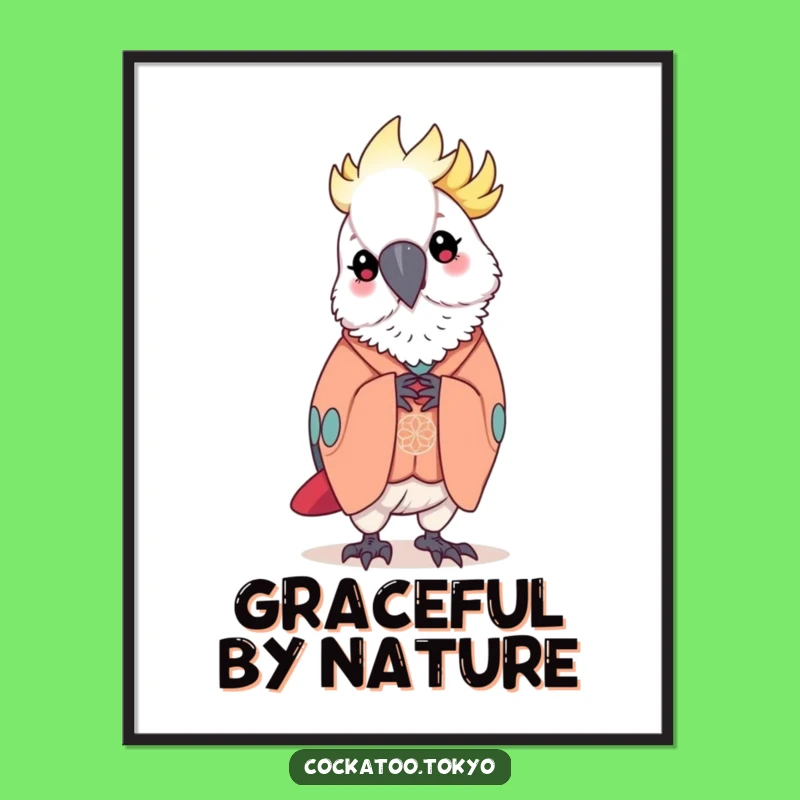 Funny Kawaii Cockatoo Digital Art: Elegant Kimono Bow, Gracious Bird Wall Decor, Perfect Funny Gift