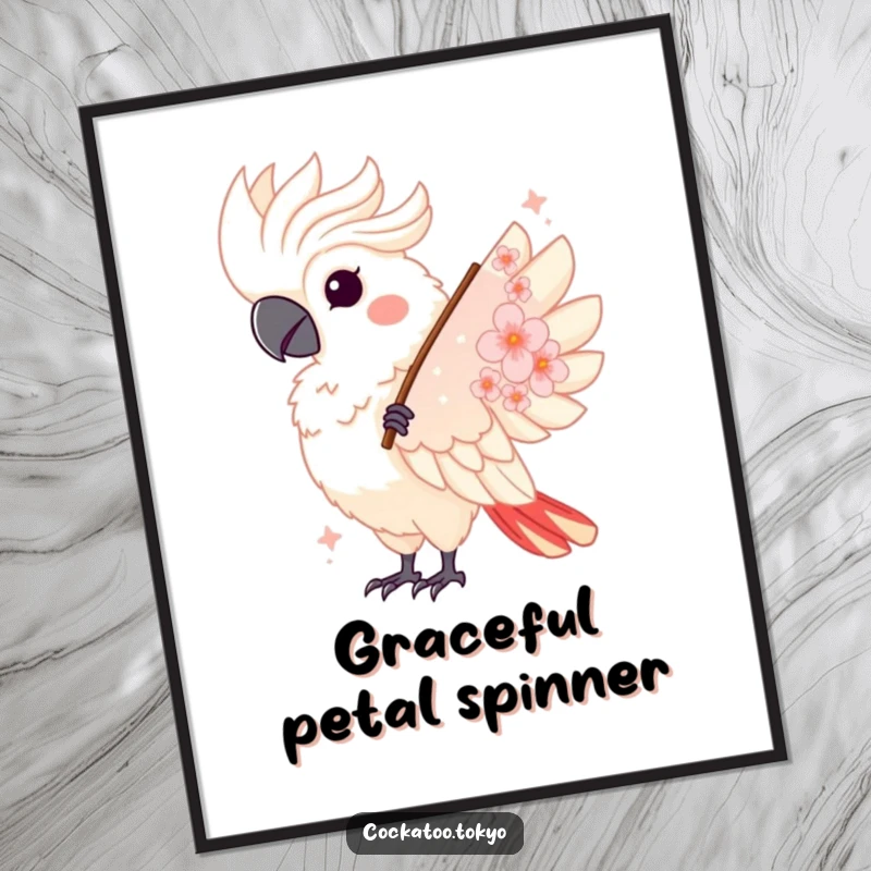 Funny Kawaii Cockatoo Digital Art: Bird twirls gracefully with a fan, an elegant and humorous piece for digital display.