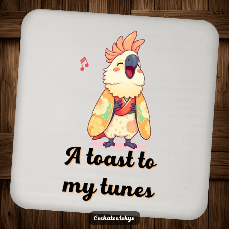 Funny Drink Coaster showcasing a cute cockatoo in a vibrant kimono, humorously singing, protecting surfaces with bird-themed charm.