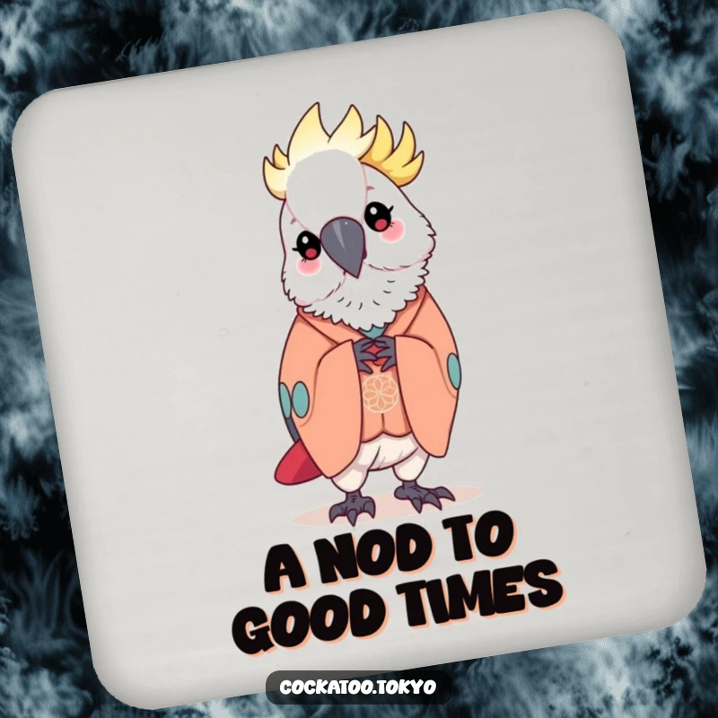 Funny Drink Coaster featuring a kawaii cockatoo in an elegant kimono, bowing gracefully, protecting surfaces with polite bird humor.