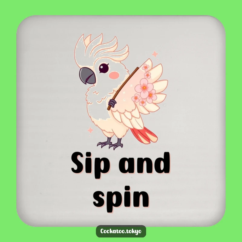 Funny Kawaii Cockatoo Fan Twirl Drink Coaster: Elegant Surface Protection