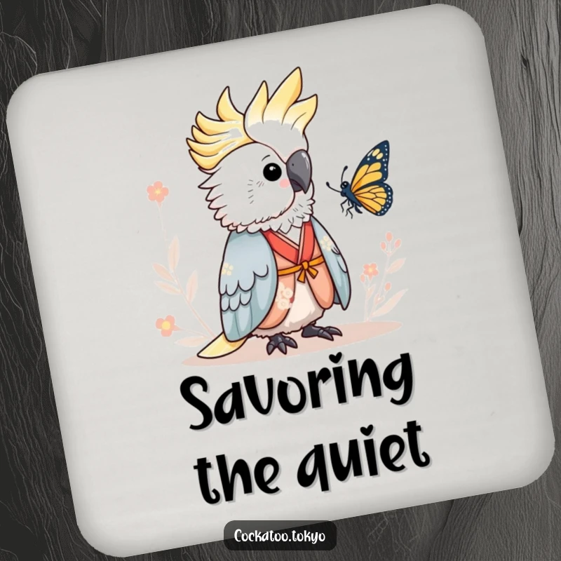 Funny Drink Coaster featuring an adorable cockatoo in a serene kimono, calmly watching a butterfly, protecting surfaces with bird-themed peace.