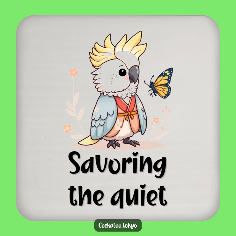 Funny Serene Cockatoo Coaster: Kimono Butterfly Calm, Peaceful Bird Drink Protector, Perfect Funny Gift