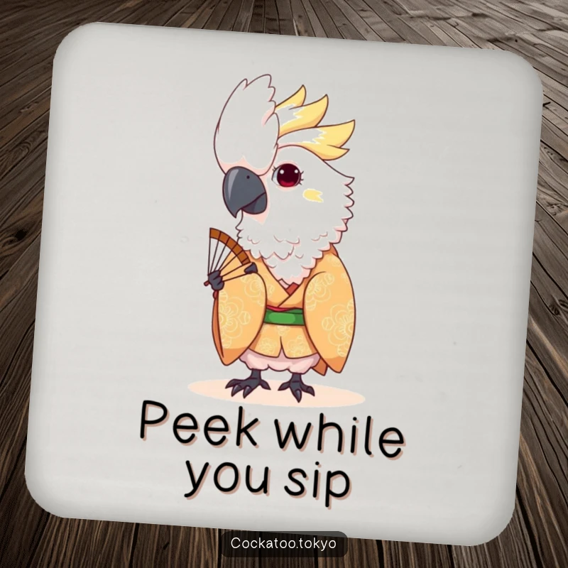 Funny Kawaii Cockatoo Coaster: Bird in patterned kimono peeks from a fan, protecting surfaces with playful humor.