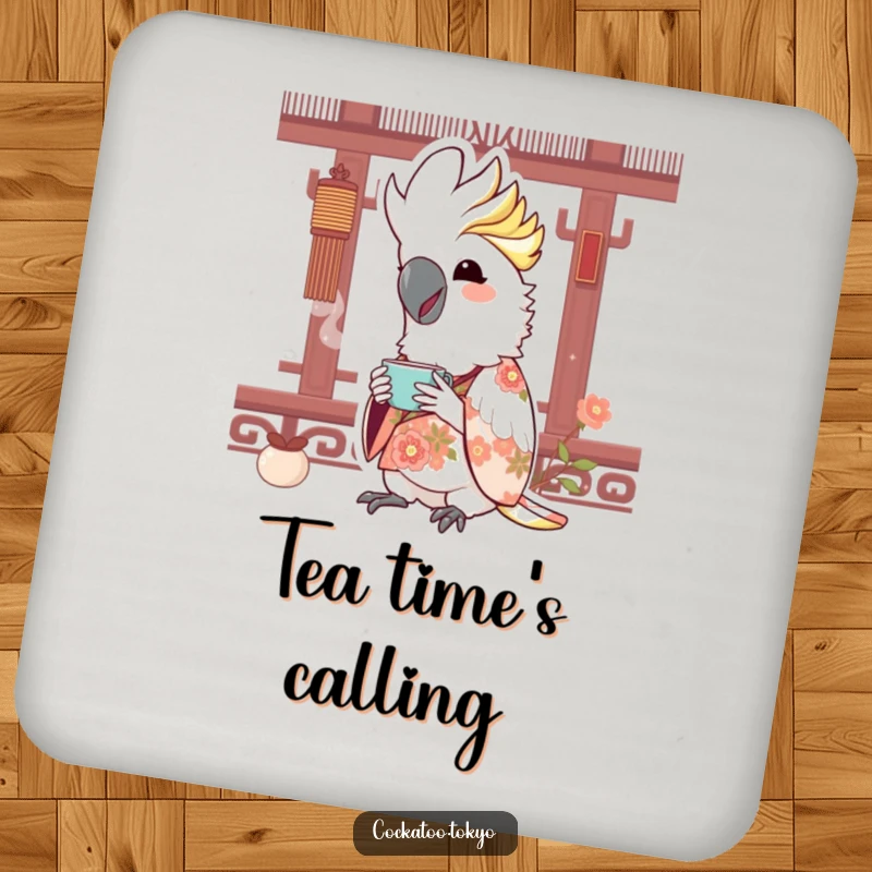 Funny Kawaii Cockatoo Coaster: Bird in floral kimono sips tea, protecting surfaces with joyful floral humor.