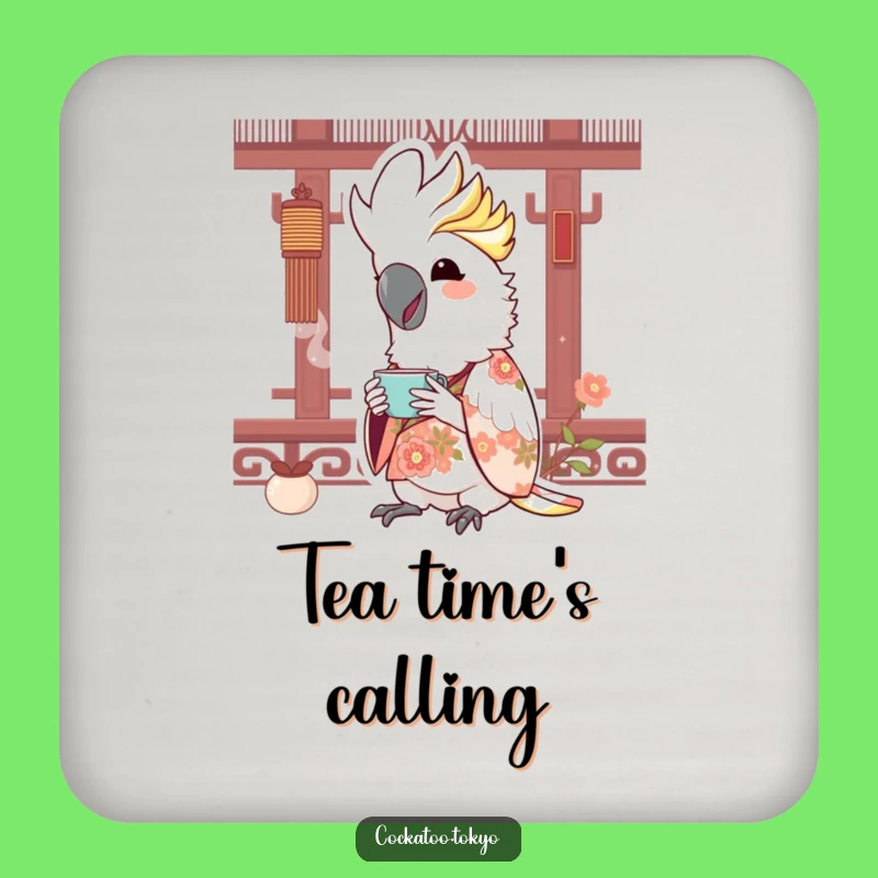 Funny Kawaii Cockatoo Floral Kimono Drink Coaster: Joyful Tea Protection