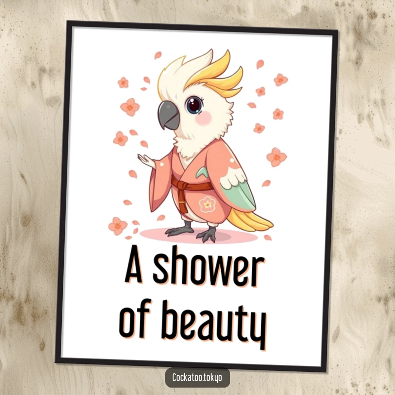 Funny Poster of a charming cockatoo in a flowing kimono, humorously scattering flower petals, creating a whimsical and enchanting wall art.