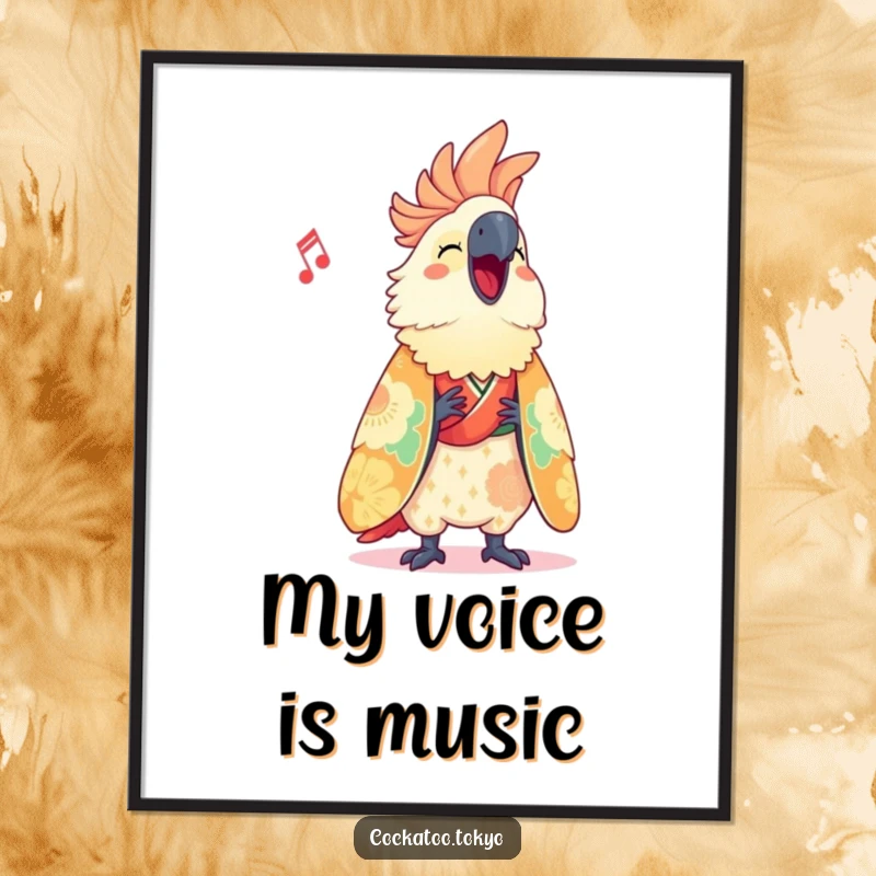 Funny Poster of a cute cockatoo in a vibrant kimono, captured in the act of happily singing, bringing artistic humor to any room.