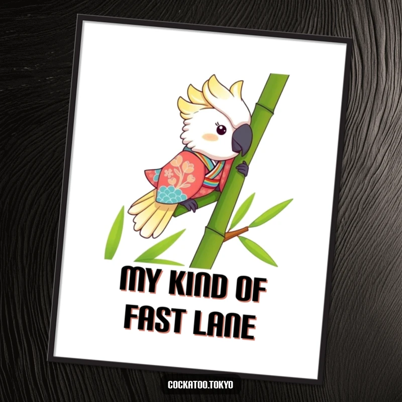 Funny Kawaii Cockatoo Poster: A vibrant bird in a kimono slides down bamboo, creating a humorous and dynamic visual.