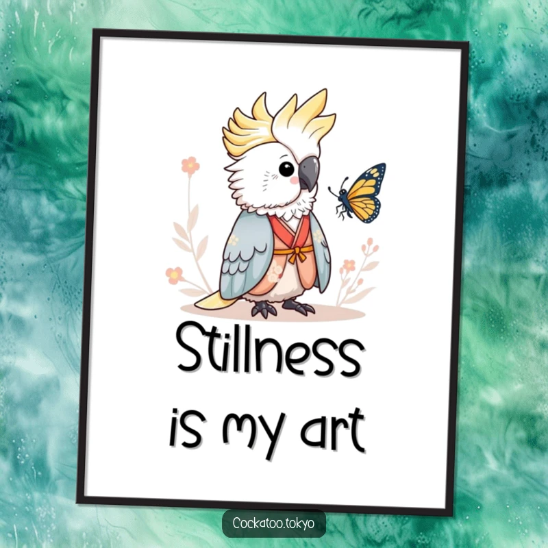 Funny Poster of an adorable cockatoo in a serene kimono, calmly observing a butterfly, bringing artistic humor and peaceful ambiance to any room.