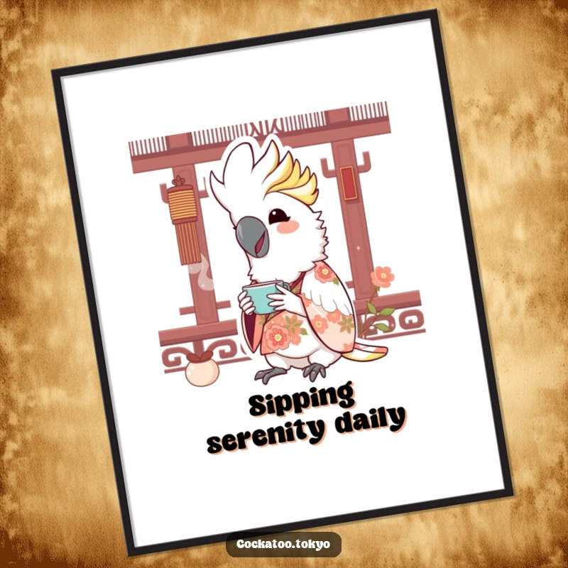 Funny Kawaii Cockatoo Poster: Bird in floral kimono sips tea, creating a joyful and humorous wall decoration.