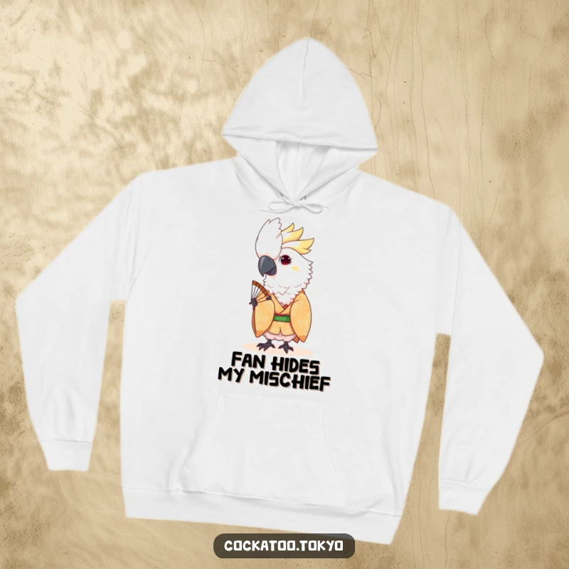 Funny Kawaii Cockatoo Hoodie: Bird in patterned kimono peeks from behind a fan, offering cozy fun and humor.