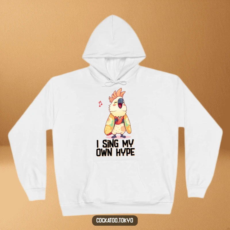 Funny Hoodie featuring a cute cockatoo in a vibrant kimono, captured mid-song with a joyful and expressive demeanor, perfect for laughter.
