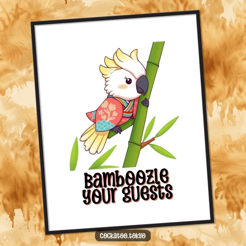 Funny Free Printable Wall Art: A kawaii cockatoo in a vibrant kimono slides down a bamboo stalk with pure joy.