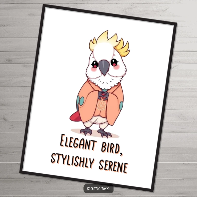 Funny Free Printable Wall Art: Kawaii cockatoo in an elegant kimono, gracefully bowing with poise and dignity.