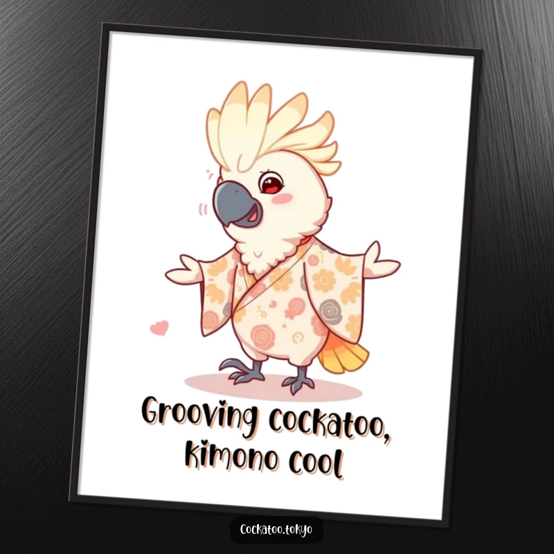 Funny Free Printable Wall Art: Smiling cockatoo in a patterned kimono, gleefully doing a little dance.
