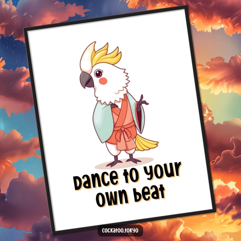 Funny Free Printable Wall Art: A kawaii cockatoo in a traditional kimono performs a gentle, artistic dance.