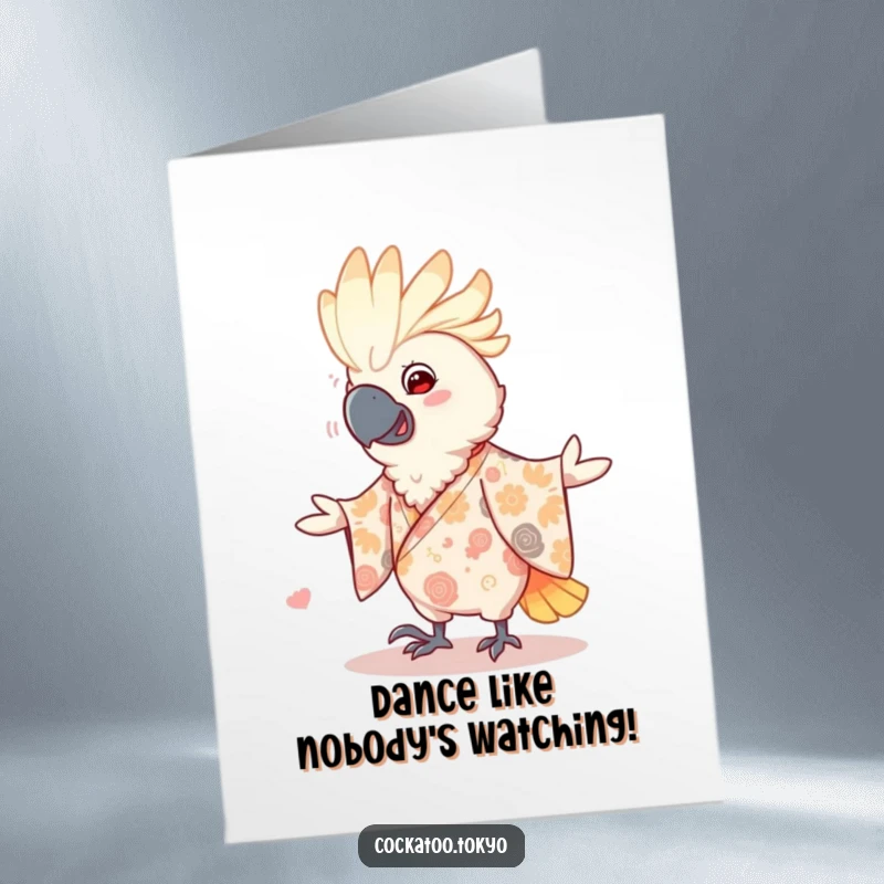 Funny Free Printable Birthday Card: Smiling cockatoo in a patterned kimono, joyfully doing a little dance.