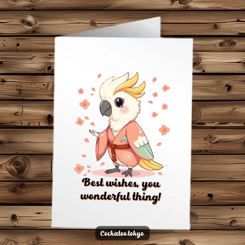 Funny Free Printable Birthday Card: Charming cockatoo in a flowing kimono, joyfully throwing flower petals.