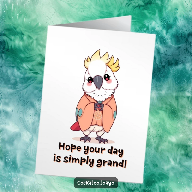 Funny Free Printable Birthday Card: Kawaii cockatoo in an elegant kimono, bowing politely with a serene expression.