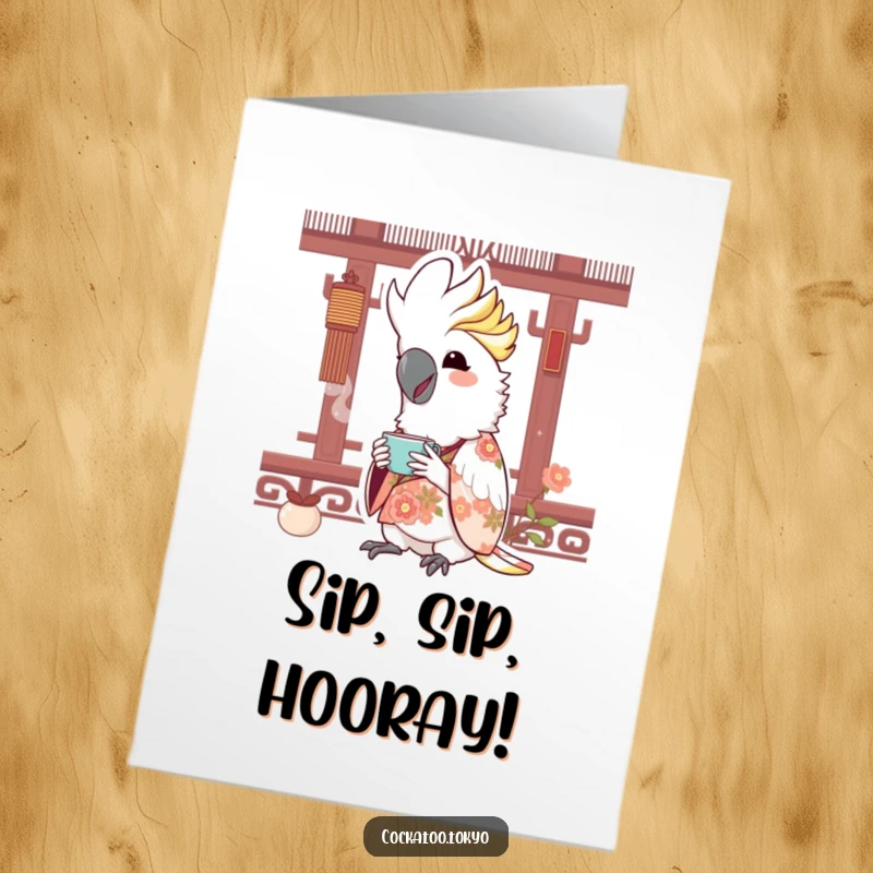 Funny Free Printable Birthday Card: A kawaii cockatoo in a floral kimono joyfully sips tea from a delicate cup.